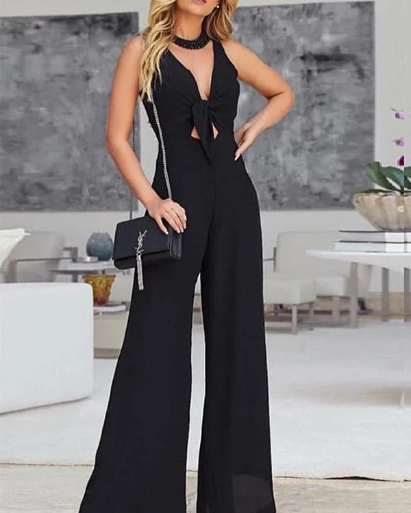 Loose Chiffon V-neck Mid-rise Jumpsuit