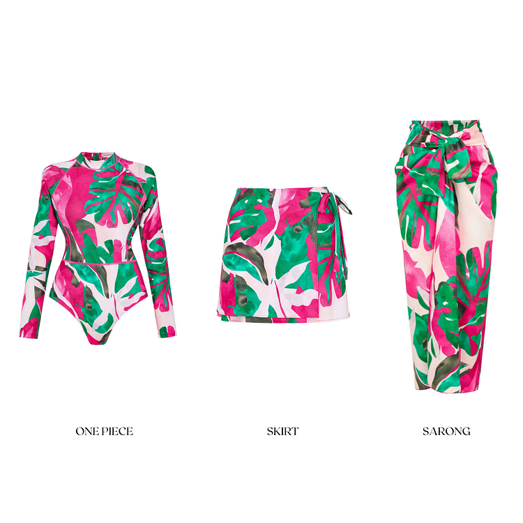 Abstract Rose Red Contrast Print Long sleeve  One Piece Swimsuit and Skirt