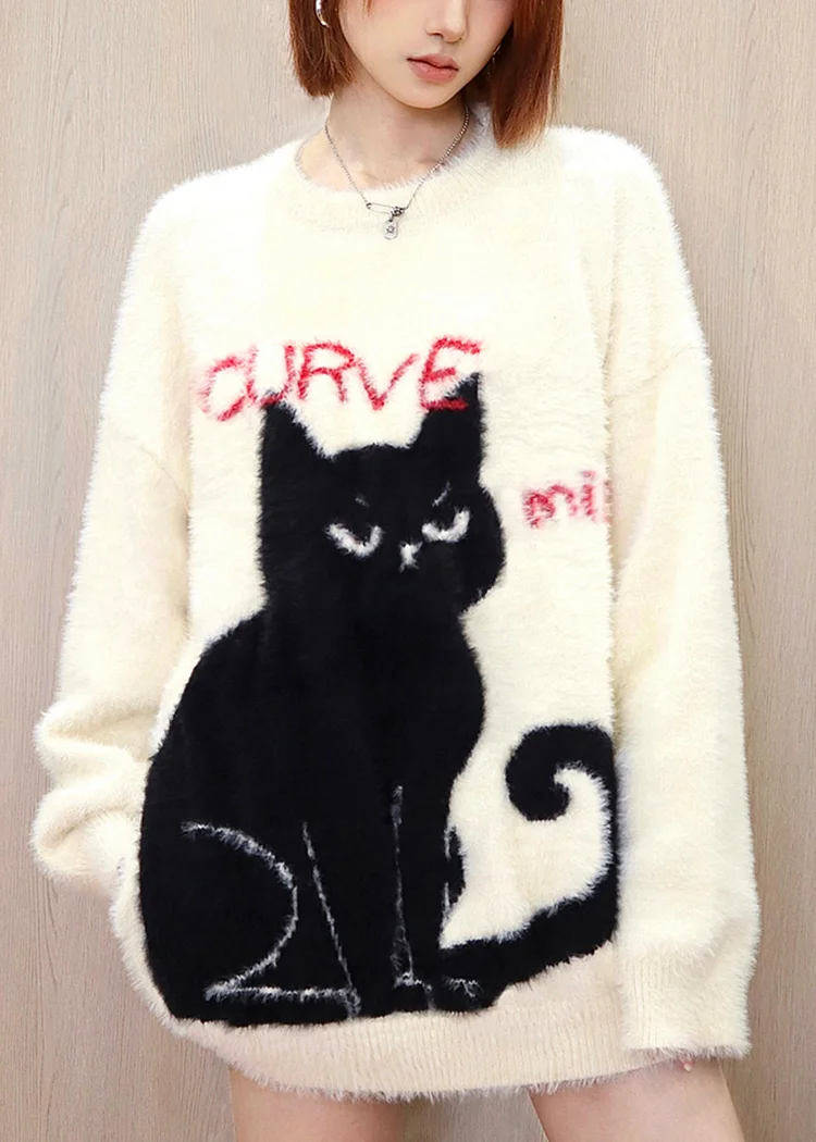Apricot Cat Mink Hair Knitted Pullover O Neck Plus Size Spring