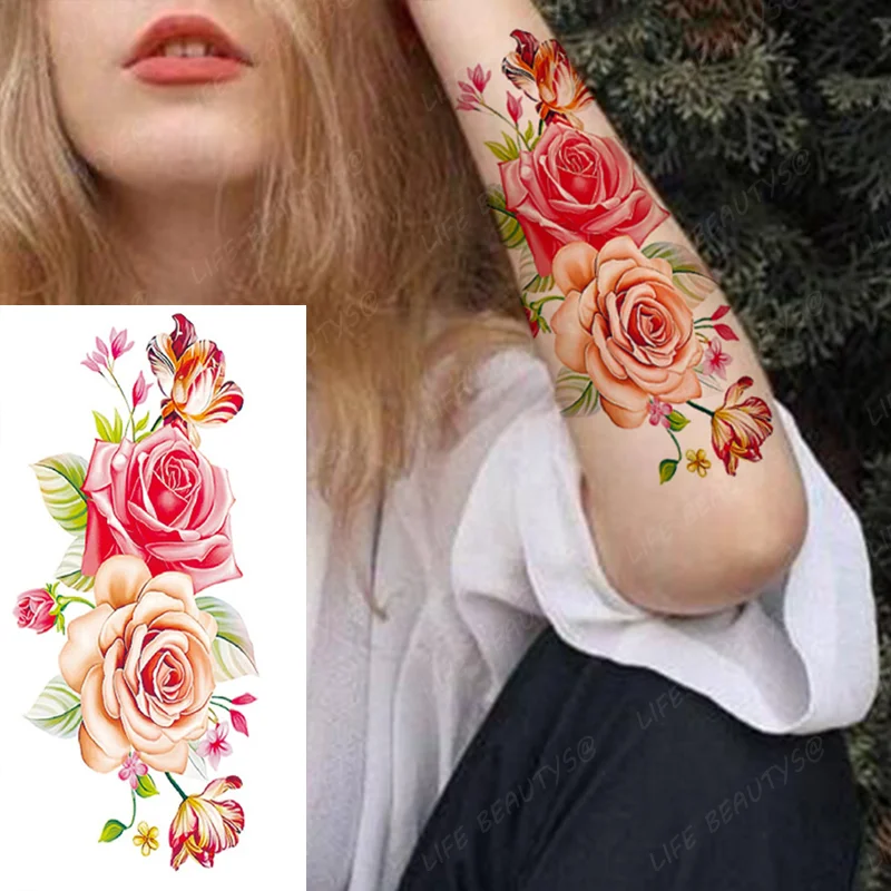 Sdrawing Transfer Pink Henna Rose Flower Temporary Tattoo Sticker Butterfly Pattern Body Art Waterproof Fake Woman's Flash Tattoo