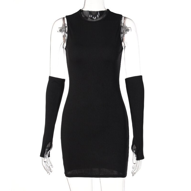Hugcitar Solid O Neck Detachable Sleeves Mini Dress 2022 Summer Bodycon Skinny Fashion Y2K Outfit Elegant Streetwear Clothing