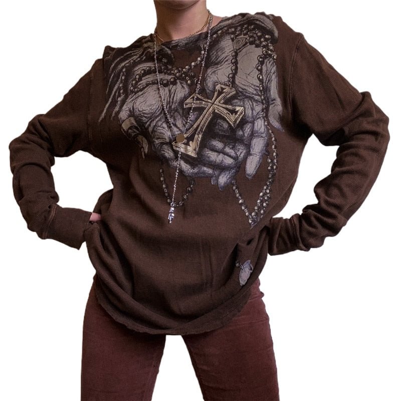 Xingqing Fairycore Grunge Vintage Printed Graphic Long Sleeve T Shirt 90s Aesthetic Pullover Top Autumn Women T-shirt Punk Style