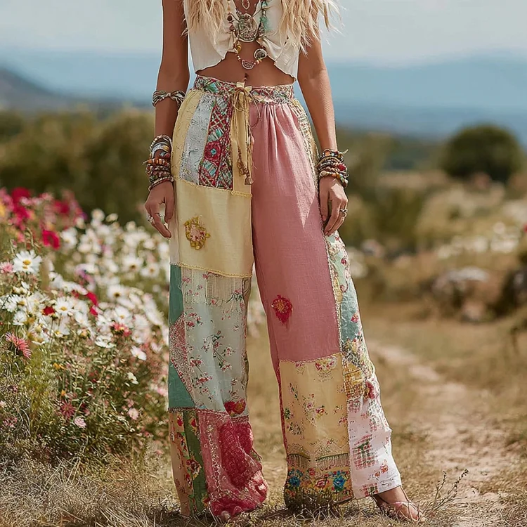 VChics Floral Patchwork Print Casual Pants