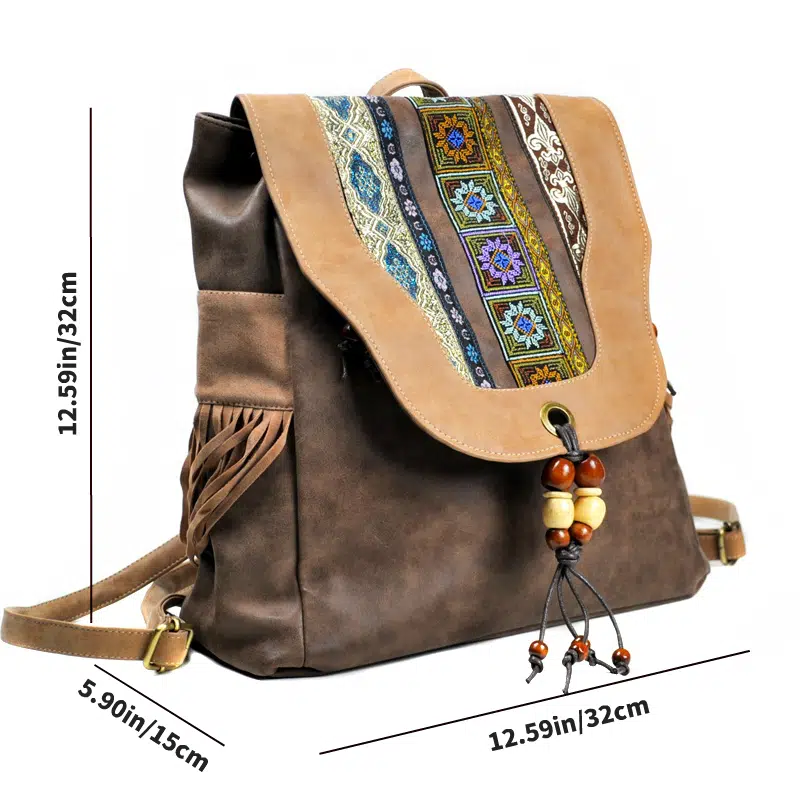 Embroidered Backpack, Women's Vintage Frosted PU Backpack, Ten Embroidered Tassel Travel Backpack