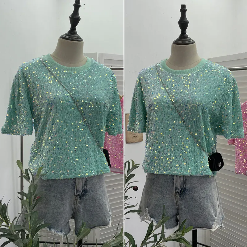 Nigikala Nigikala Sequin Short Sleeve T-Shirt 2025 Spring And Summer Korean Version Of Loose Night Club Bling Top 9088
