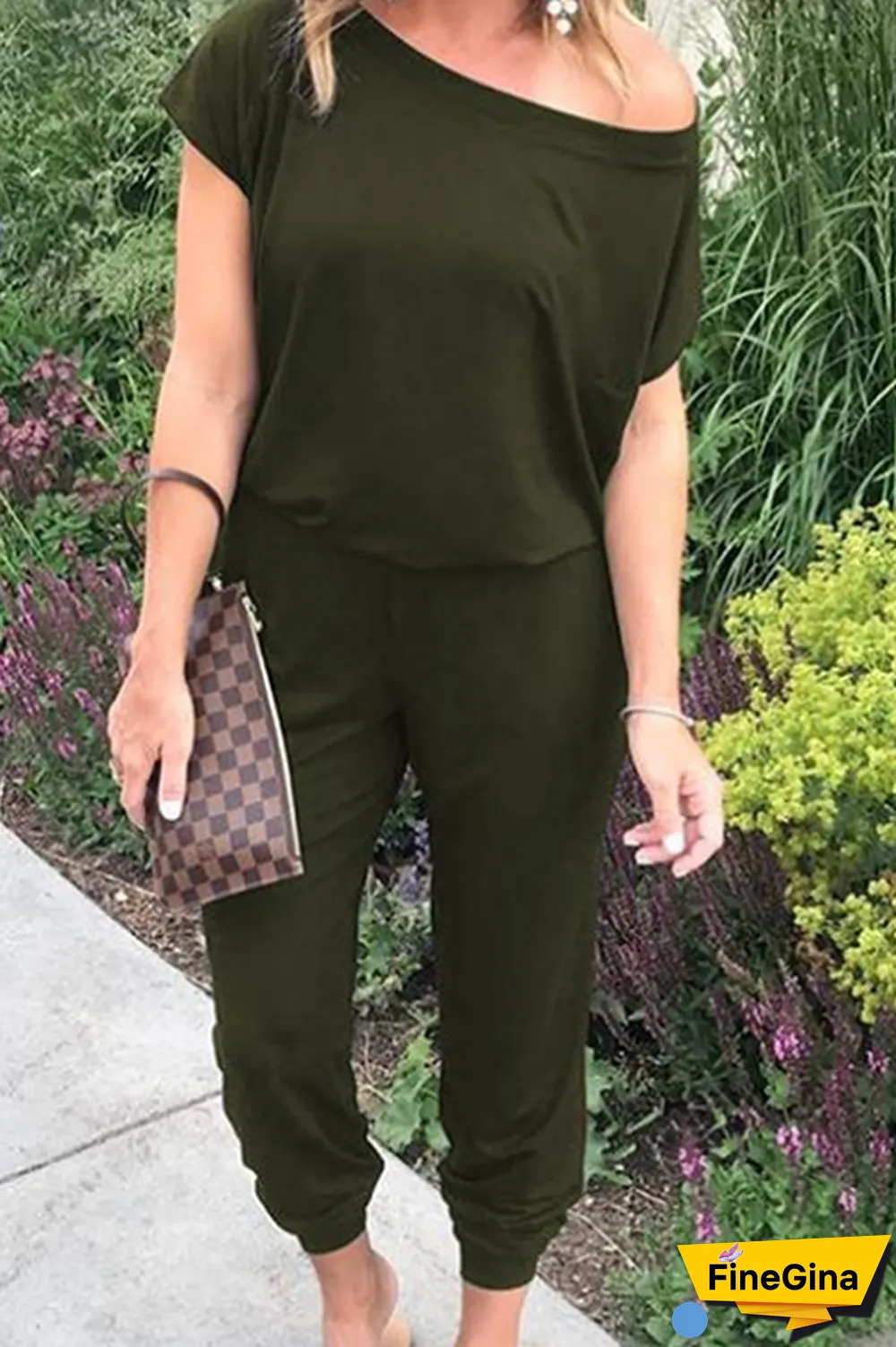 Casual Solid Split Joint Basic Oblique Collar Jumpsuits