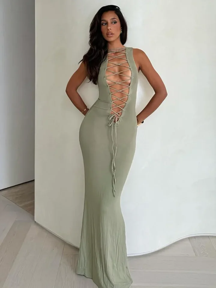 Hedirax  Slim Bodycon Bandage Dress Women 2025 Spring Summer Dress Hollow Out Sexy Party Elegant Maxi Long Dresses Vestidos
