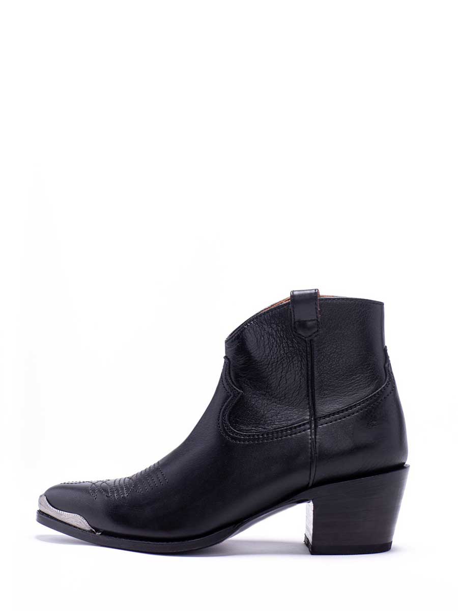 Black Vegan Leather Pointed Toe Side-Zipped Block Heeled Cowgirl Ankle Boots