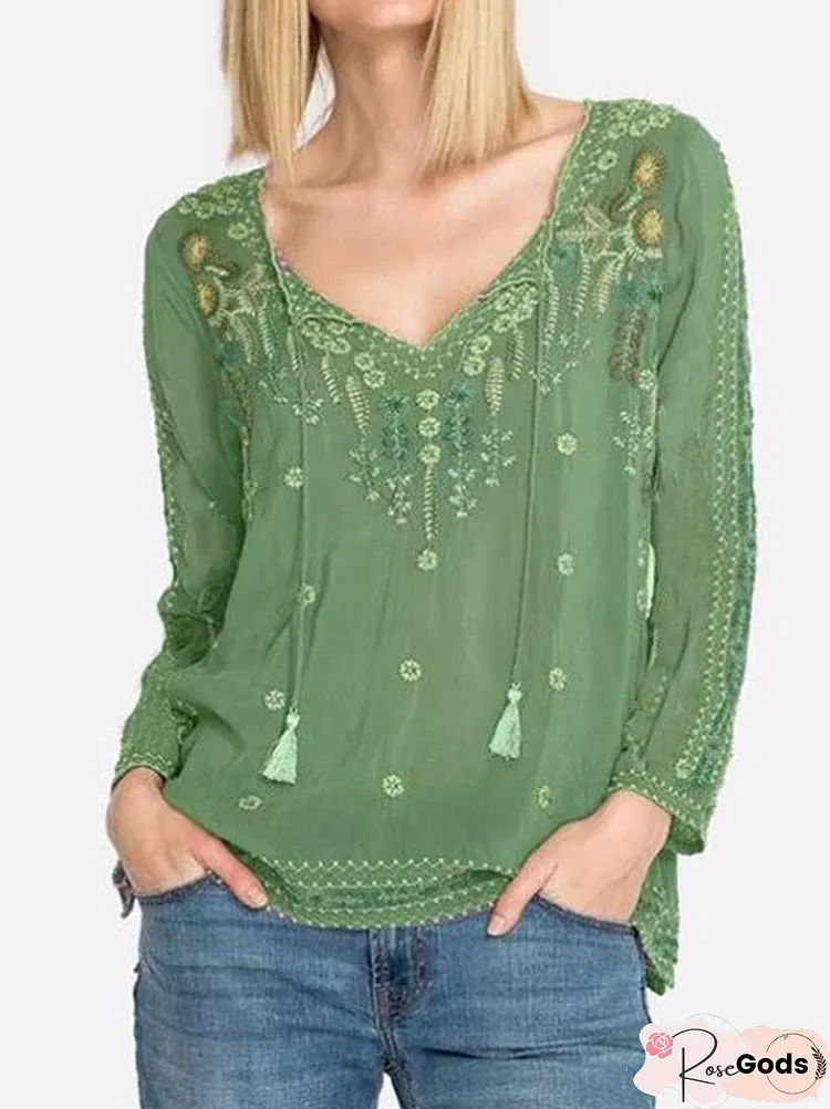 Casual Daily Embroidered Hollow Out V Neck Blouses