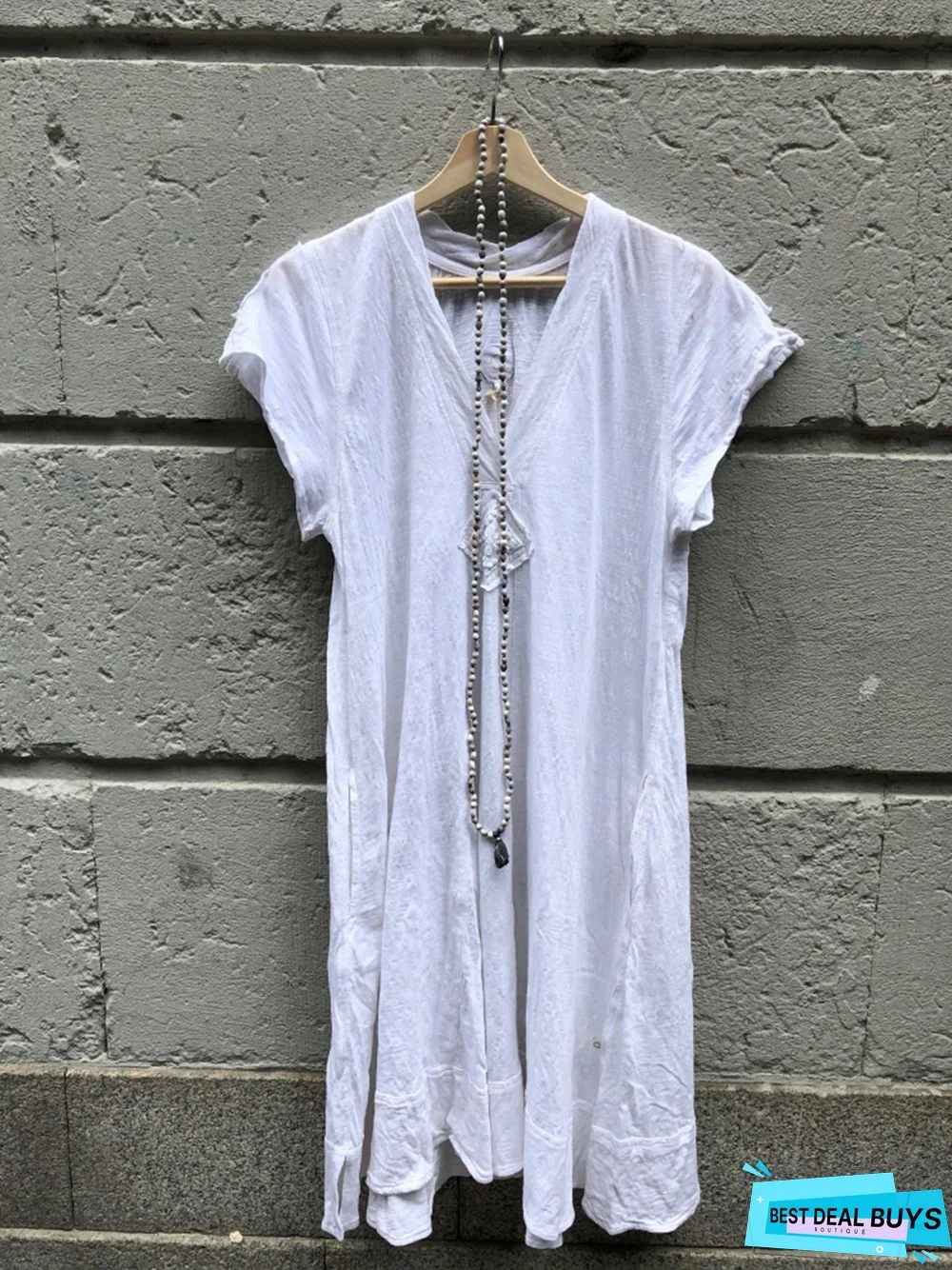 V Neck Solid Short Sleeve Weaving Dress