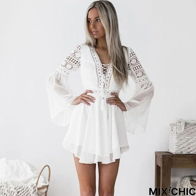 Hollow Out Chiffon Dress Cross Bandage Lace V-Neck Long Sleeve Dress