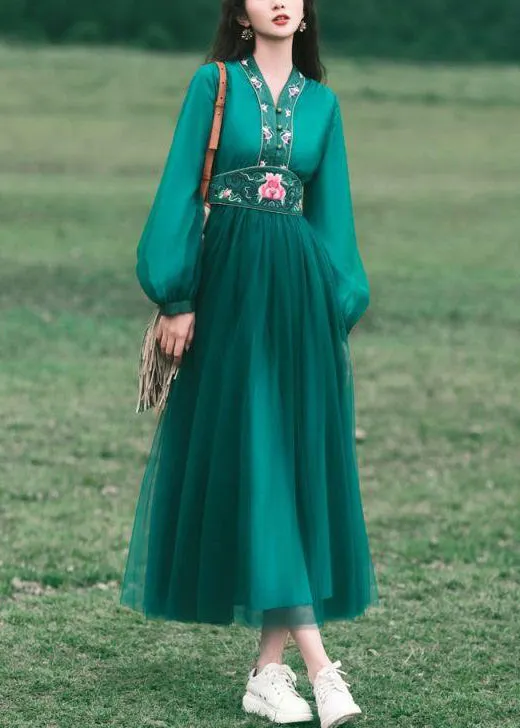 New Green V Neck Embroidered Tulle Long Dress Spring