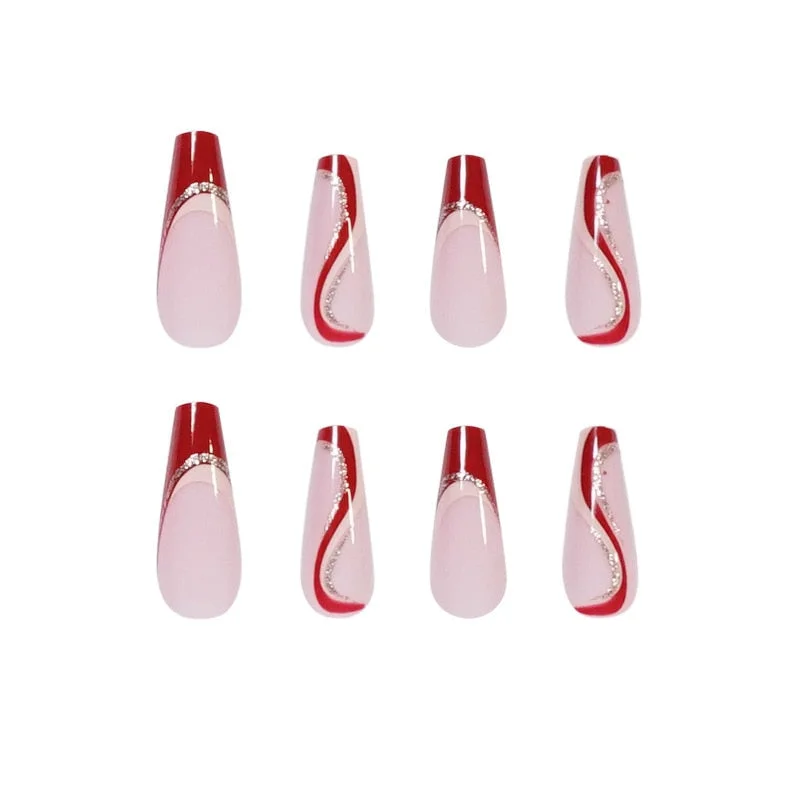 24pcs/Set Coffin Fake Nails Long Mixed Wine Red Wavy French False Nails Detachable Full Nail Accessory Art Tips Manicure Tools 515-Nail Inspo