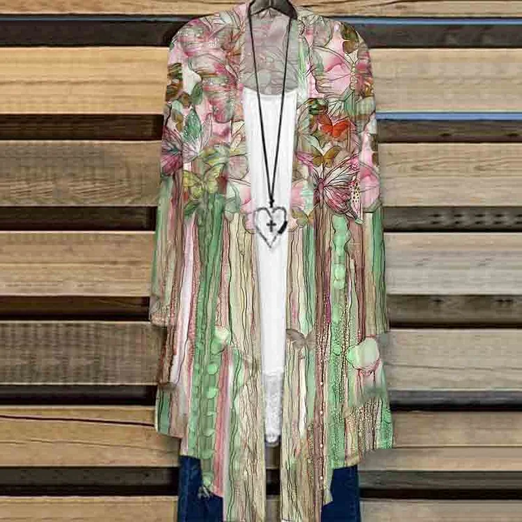 VChics Art Floral Print Casual Kimono