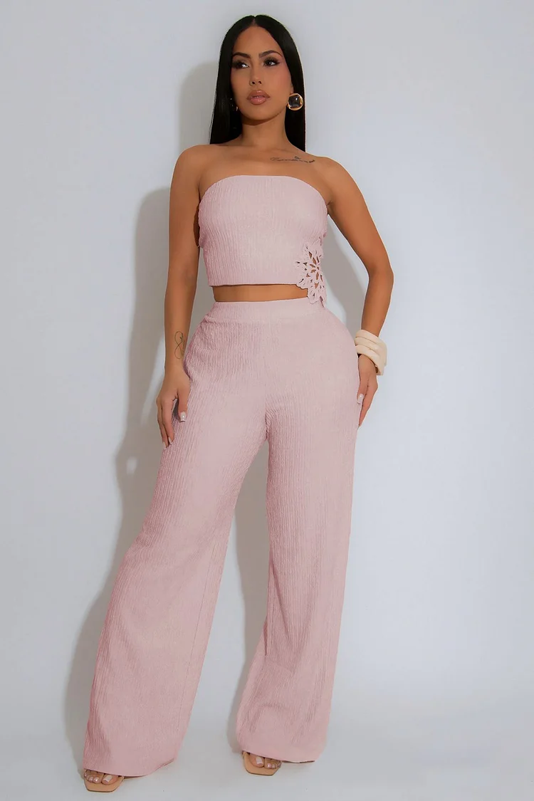 Textured Solid Color Crop Tube Top Wide Leg Pants Casual 2pcs Set-Green