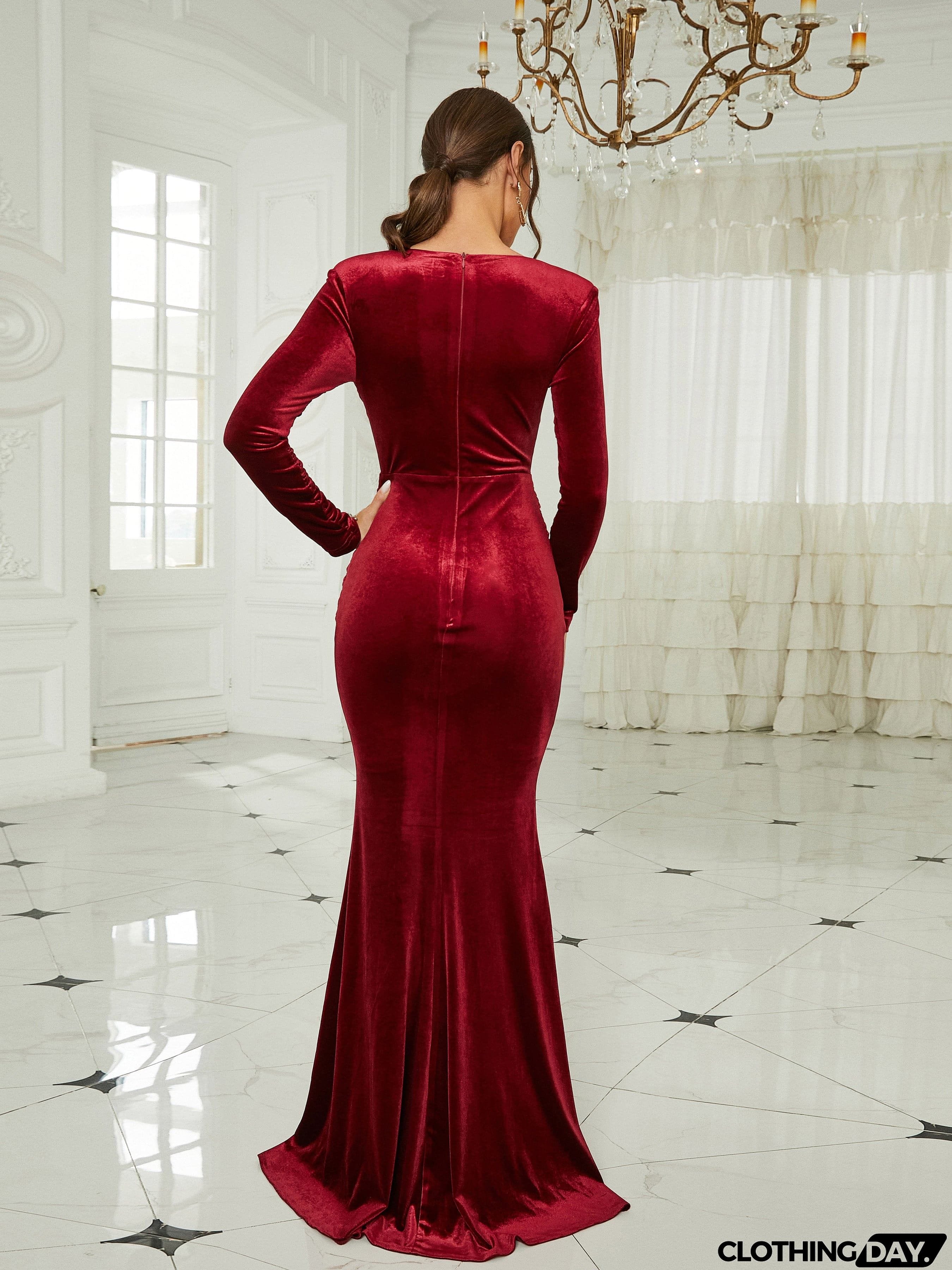 Deep V-neck Ruched Velvet Mermaid Dress XJ2653