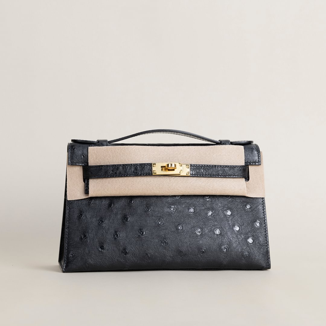 Kelly pochette  Ostrich CC89 Noir GHW