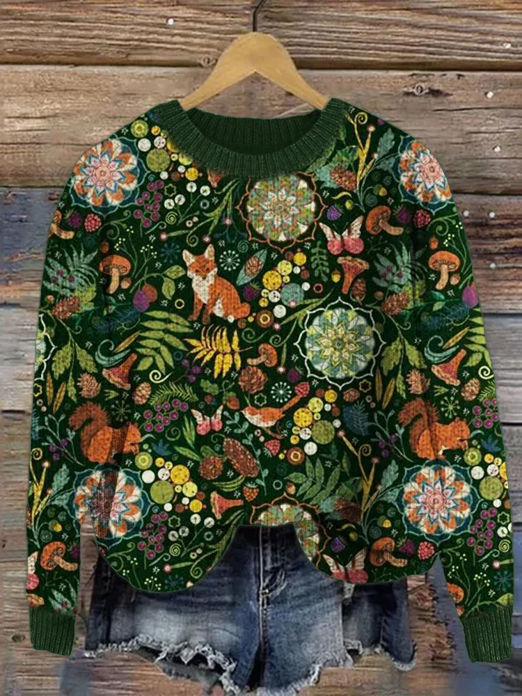 Forest Animals Floral Pattern Cozy Knit Sweater