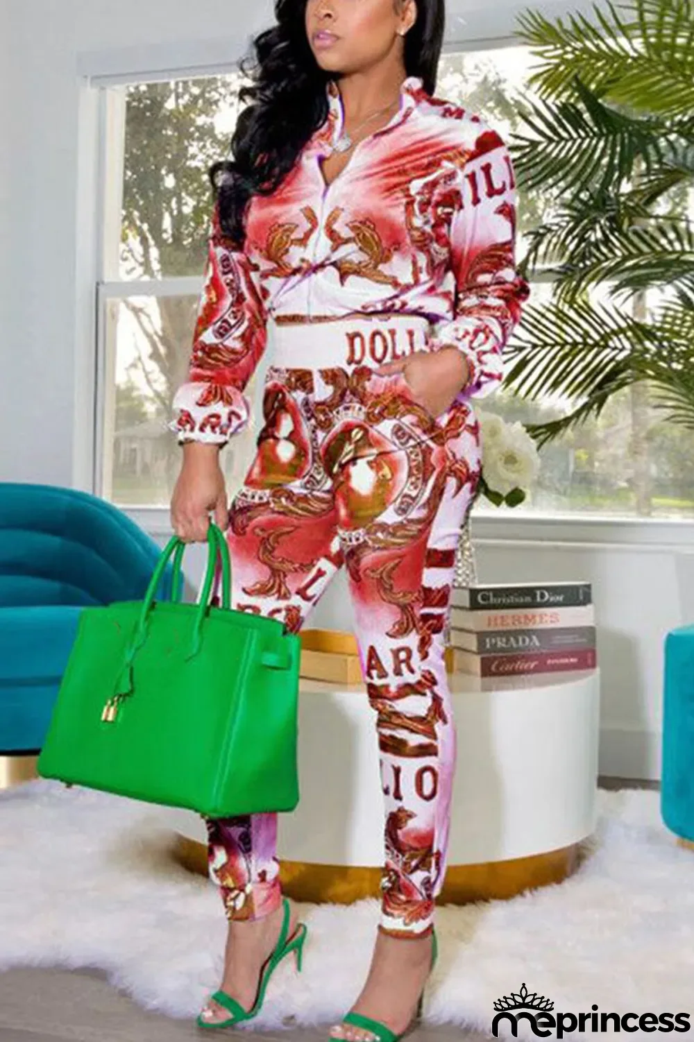 Red Casual Print Long Sleeve Two Pieces