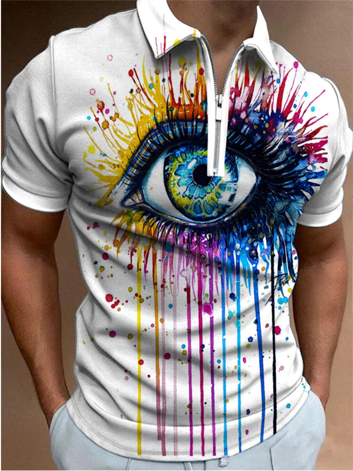 Men's 3D Polo Shirt White Zipper Lapel T-shirt with Big Eyes Printing | 168DEAL