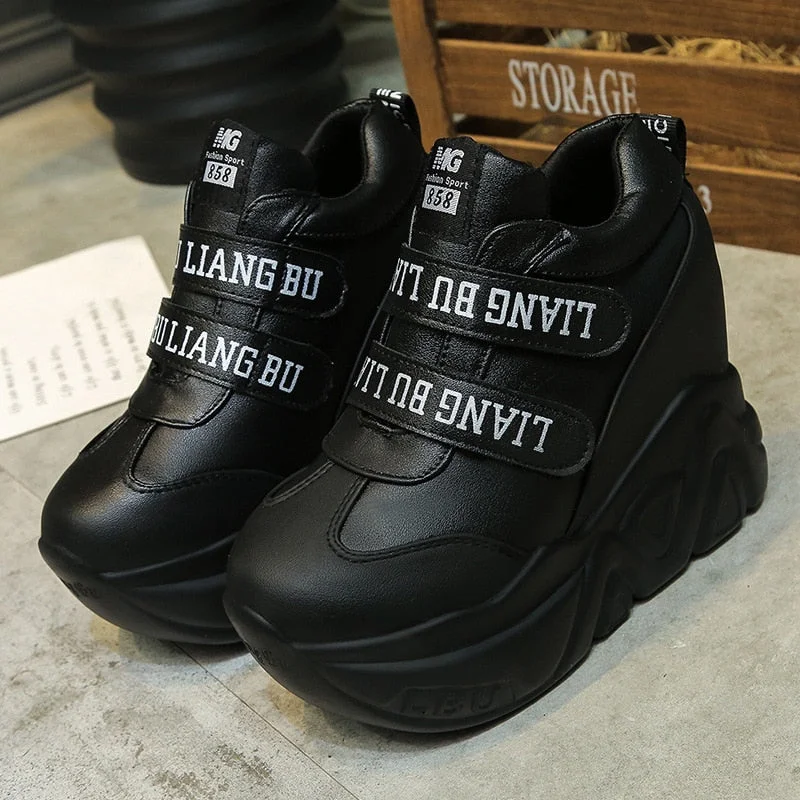 12 Cm Super Hign Wedge Sneakers Woman Auutmn 2018 Leahter Female Casual Shoes Hook Loop Comfortable Platform Sneakers