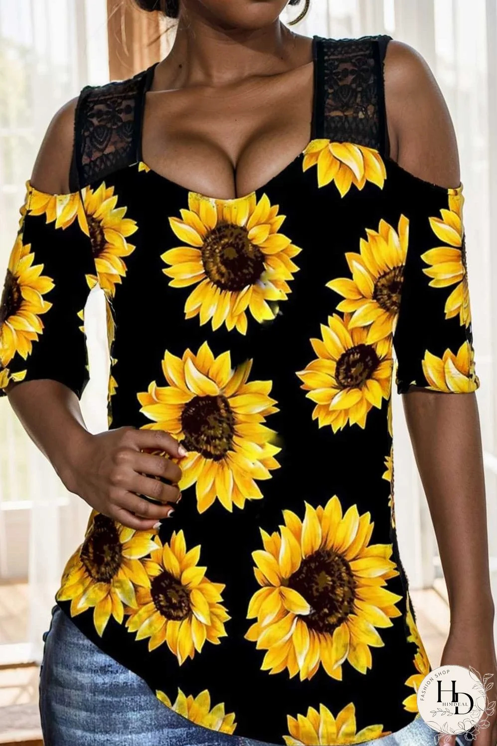 sunflower print off shoulder hollow wide shoulder strap t shirt