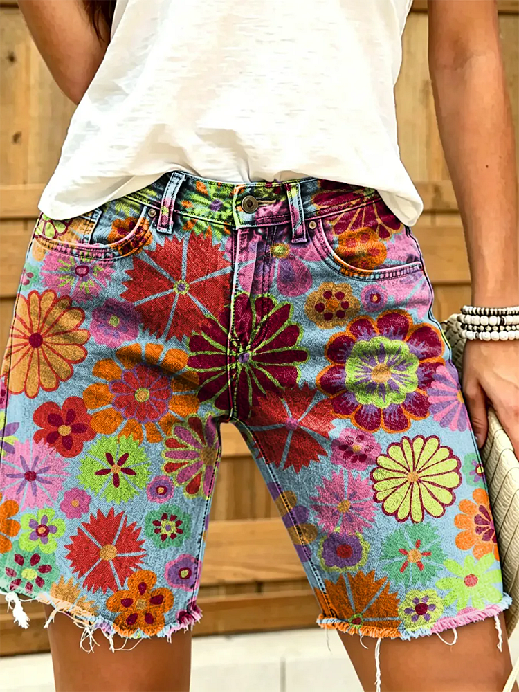 Ethnicity Geometry Colorful Flowers Women's Art Print Casual Denim Shorts