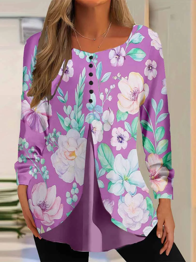 Women Floral,Pink DZGG8306 Long Sleeve Scoop Neck Printed Graphic Button Fake 2in1 Tops