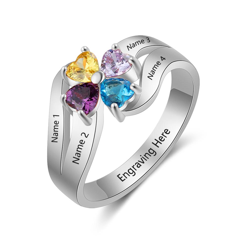 Personalized Mother Ring 4 stones Engraved 4 Names Family