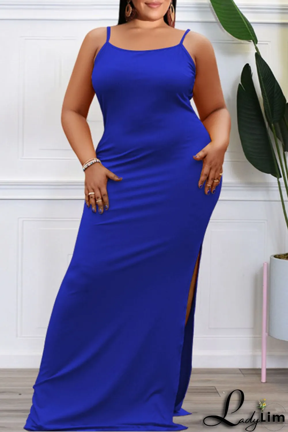 Tibetan Blue Sexy Solid Patchwork Slit Spaghetti Strap Straight Dresses