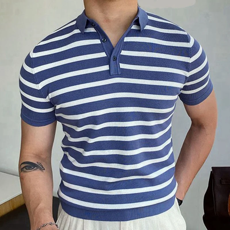 Uveng Uveng Men's Summer New Overturned Knits Blue Striped Business Polo Shirts Men's SY0148