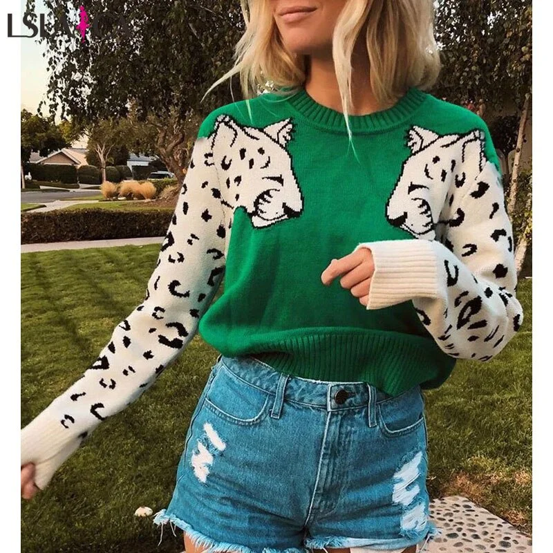 New sweater for women  contrast color mosaic leopard pattern long-sleeved shirt women's knit sleeve casual loose O-Neck Autumn