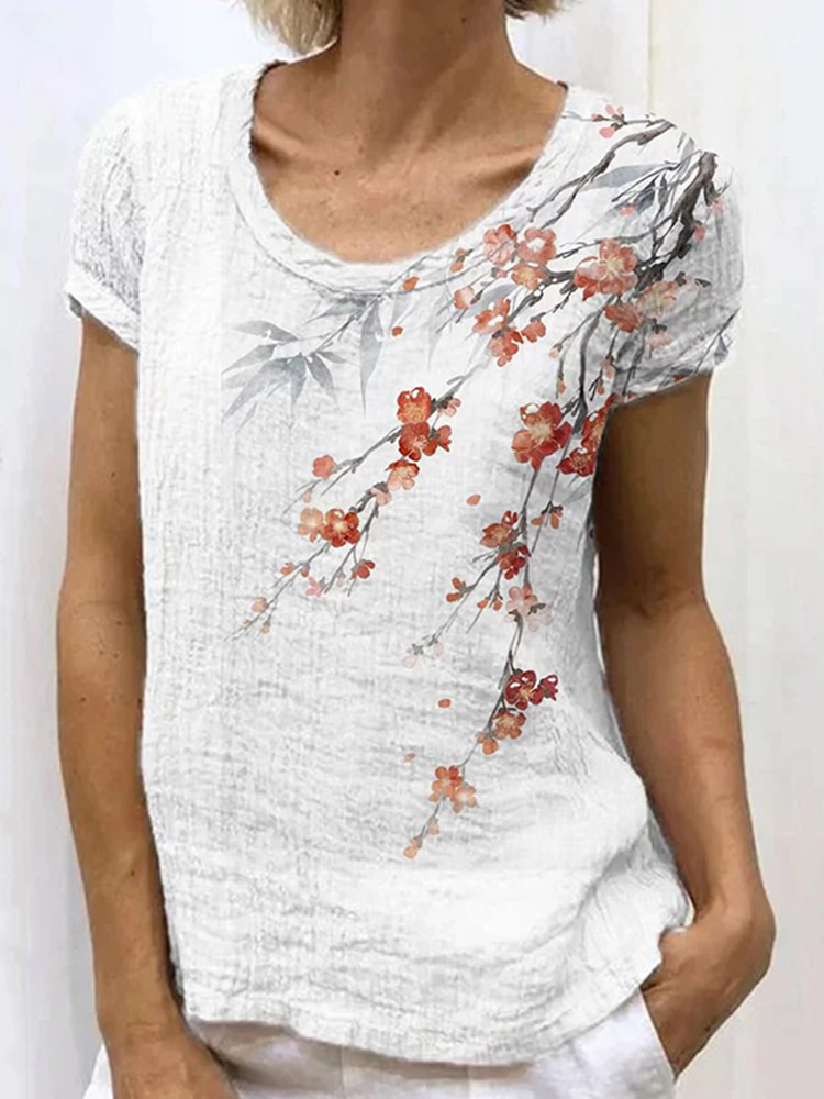 Comstylish Japanese Retro Plum Bamboo Ink Painting Art Print Casual T-Shirt