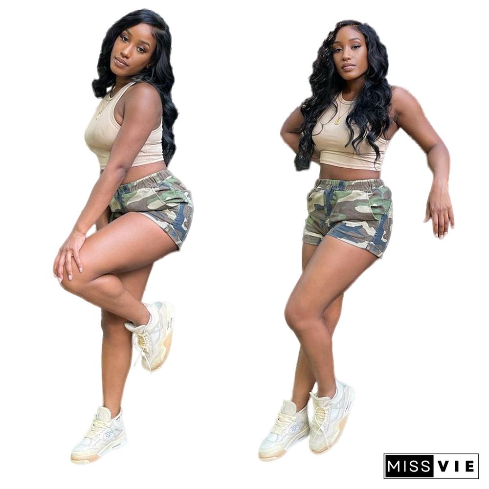 Summer New Arrivals Women High Waist Elasticated Pocket Streetwear Casual Camouflage Shorts