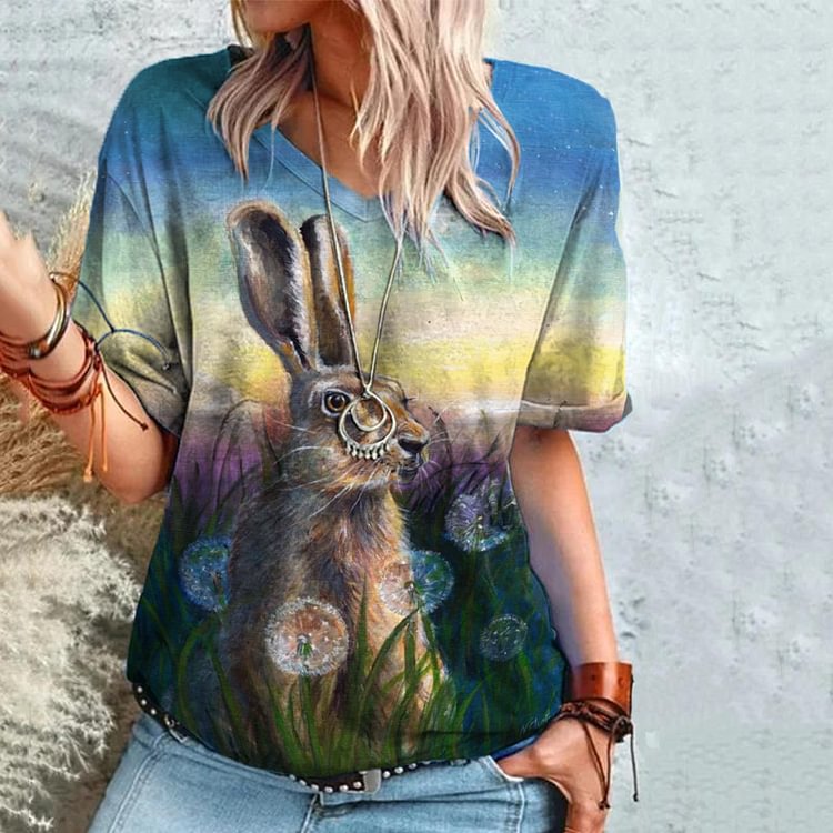Casual Vintage Dandelion Rabbit Print T-shirt