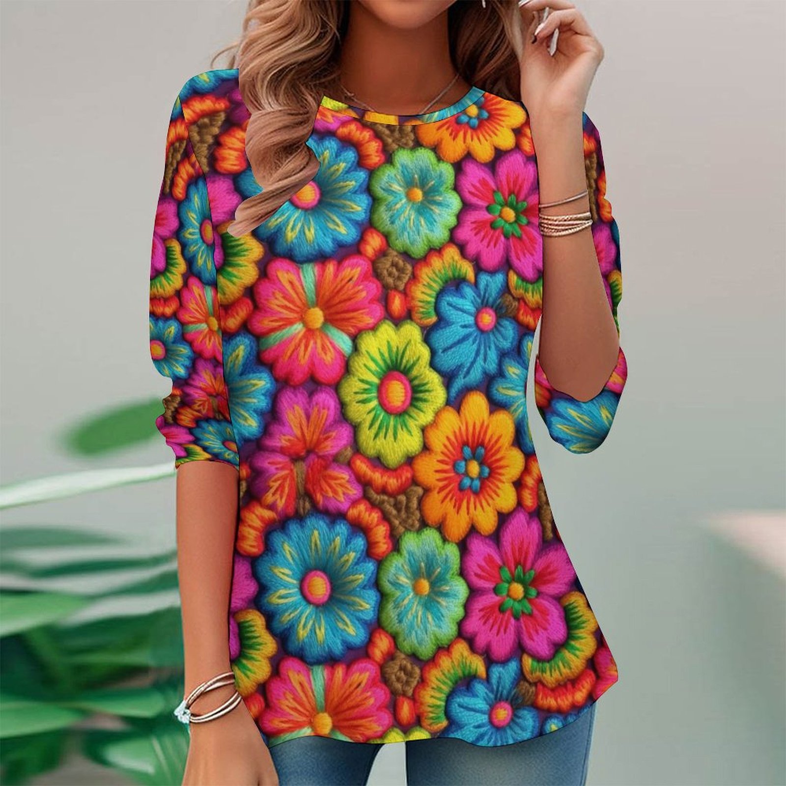Women Long Sleeve V-neck Graphic Floral Printed Top