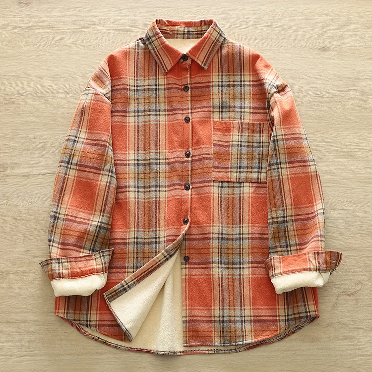 Women's Vintage Plaid Shirt Jacket Warm Fleece Fall Winter Jacket