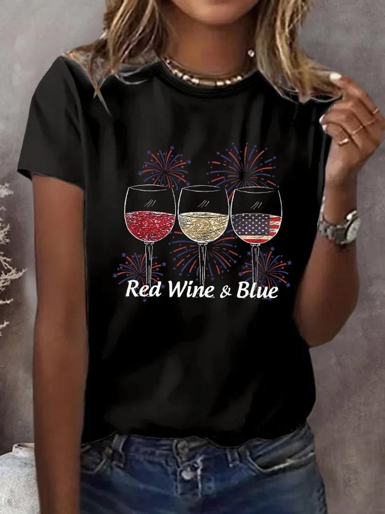 Comstylish Women's Red Wine And Blue Print Casual T-Shirt