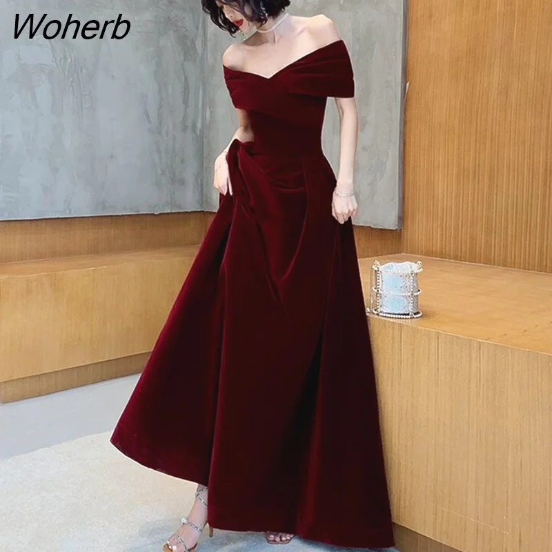 Woherb Spring Long Luxury Elegant Wine Red Soft Velvet Evening Party Wedding Dresses for Women 2023 Off Shoulder Maxi Dress 305-0