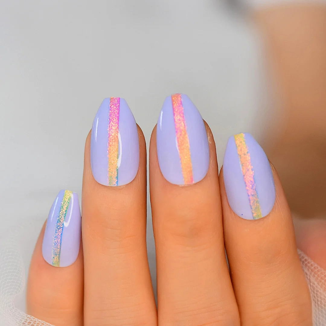 Ballerina Blue Fake Nails Coffin Short Medium Gliter Line Holo False Artificial Nails Press On Glossy Acrylic Nails Tips