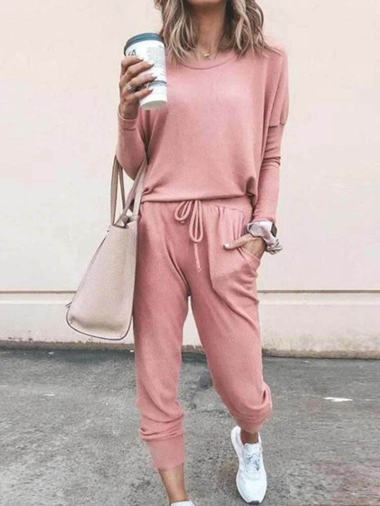 Plain Drawstring Casual Two-Piece Outfits