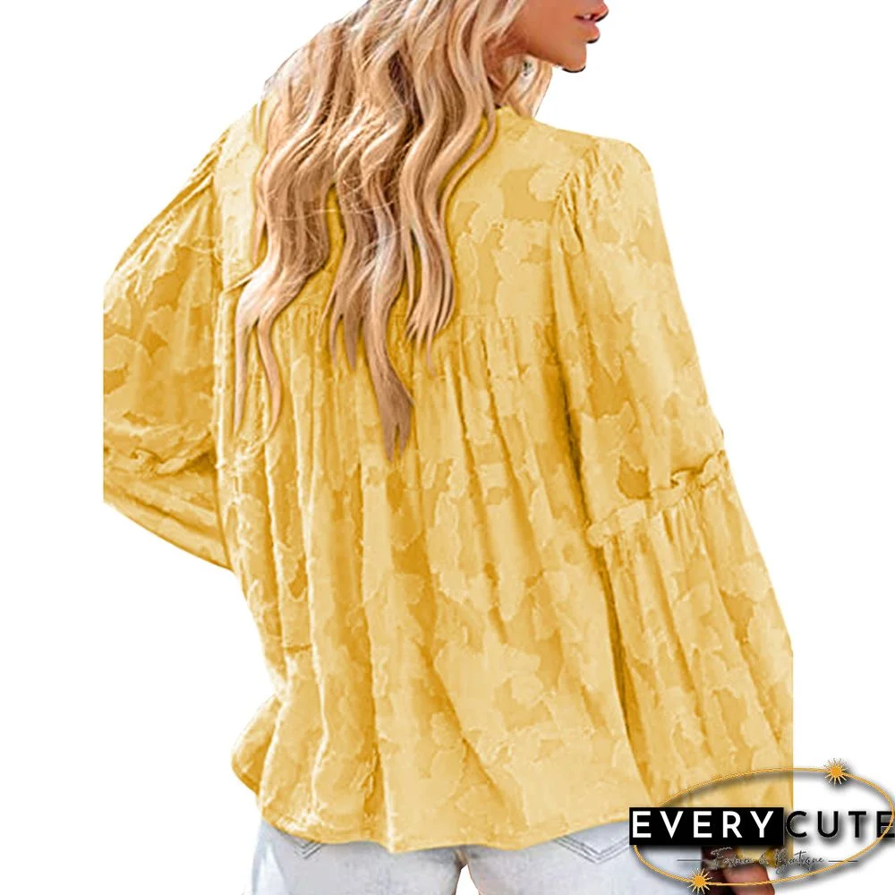 Yellow Jacquard Puff Long Sleeve Blouse