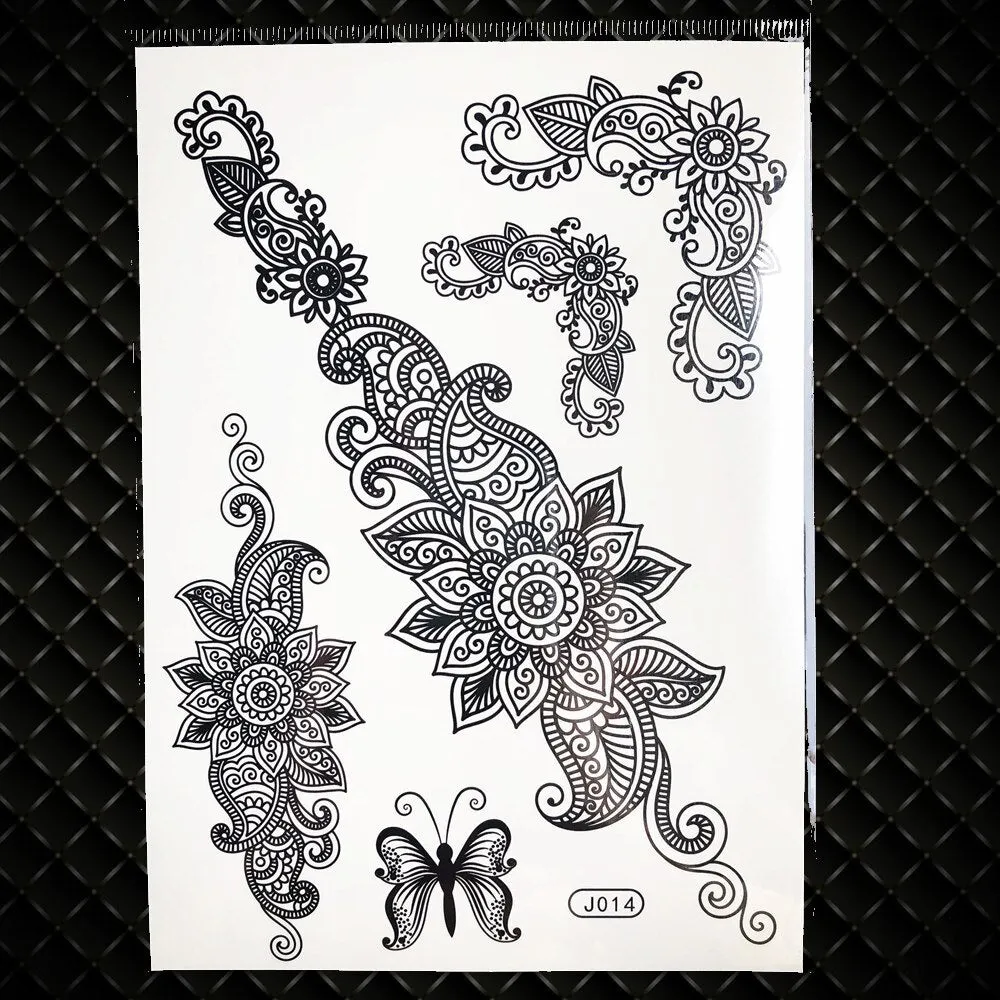 1PC Large Henna Tattoo Stickers For Wedding GBJ206 Black Ink Lace Henna Paste Women Party Brides Flower Temporary Tattoo 21x15CM