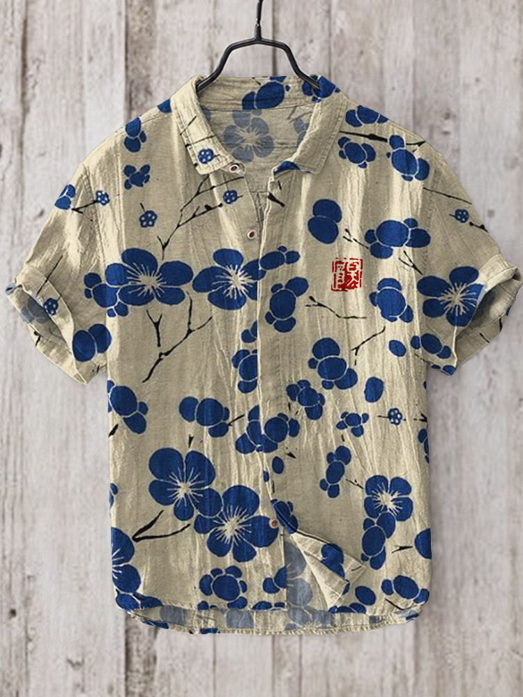 Cherry Blossom Japanese Lino Art Linen Blend Shirt wearshes
