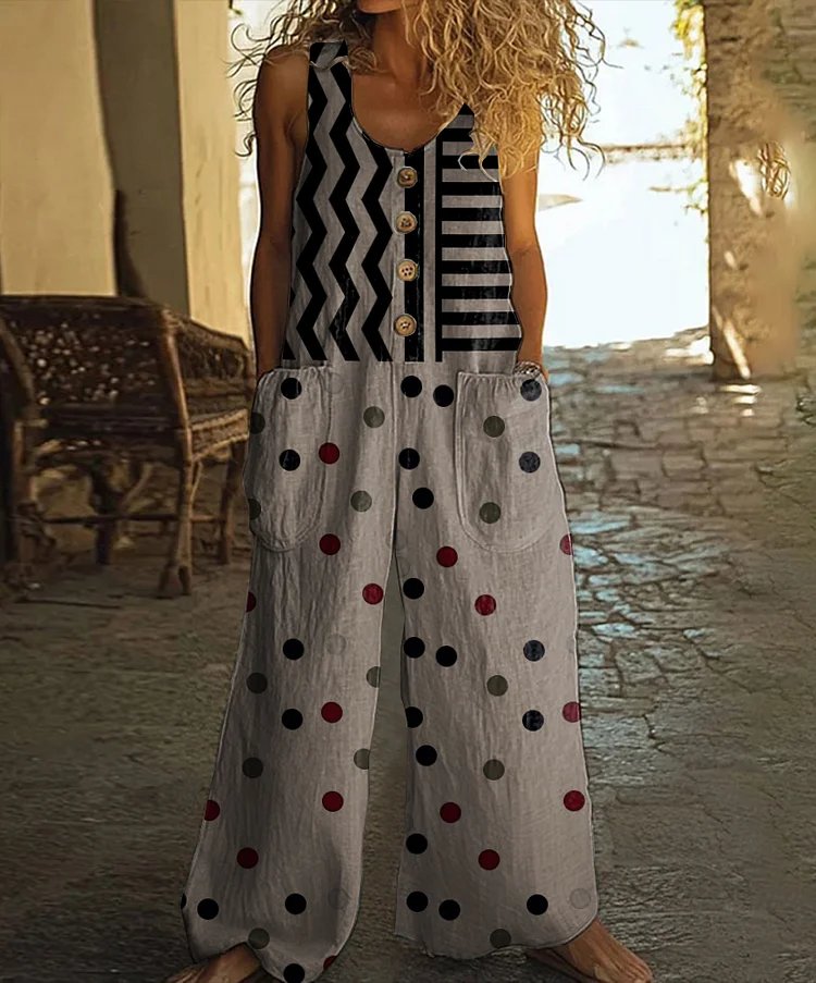 Retro Abstract Geometric Art Print Casual Wide Leg Jumpsuit