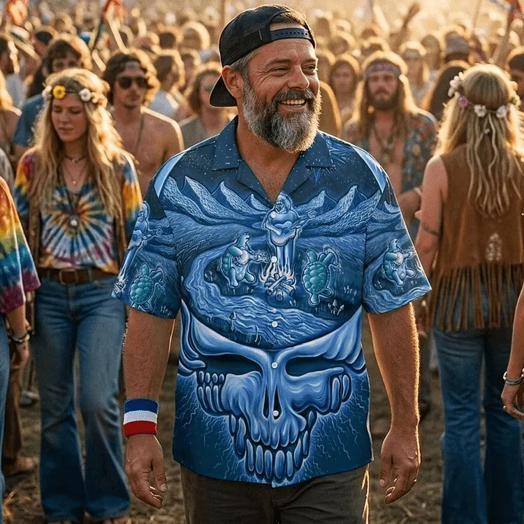Vintage Grateful Dead Skull & Bear &Terrapin Graphic Cuban Collar Short Sleeve Shirt &ndash; Unisex Retro Cotton Top