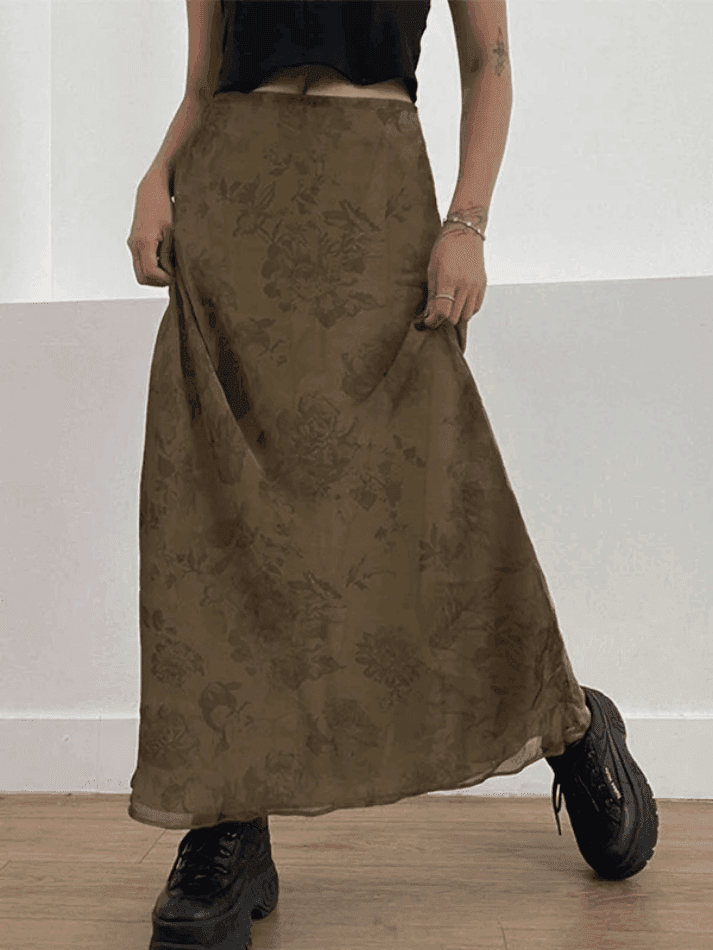 Brownm Vintage Mesh Floral Brown Maxi Skirt