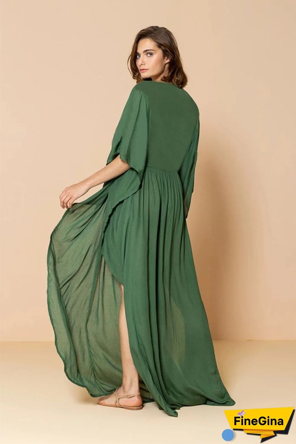 Deep V-Neck Embroidery Black/Green Full Length Beach Dress