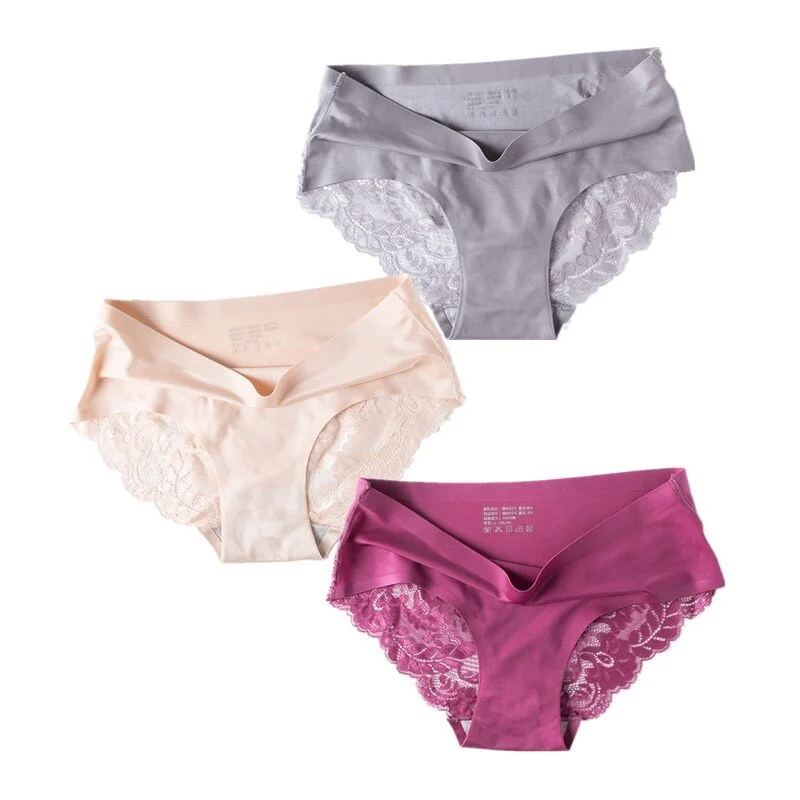 3 Pcs/Set Sexy Seamless Panties Women Lace Underwear Briefs Low Rise Ladies Silk Plus Size Solid Soft Transparent Panty Lingerie