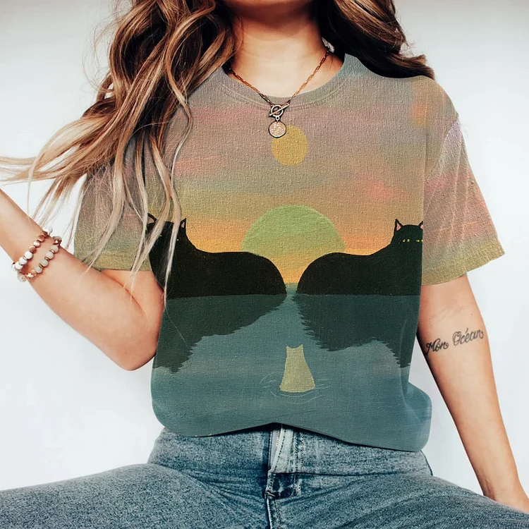Abstract Retro Oil Painting Landscape Cute Cat Art T-Shirt